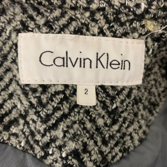 Calvin Klein Tweed Wool Blend Coat 2 Black Grey Herringbone Pockets Tie Belt - Picture 7 of 7